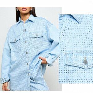 NEW 2026 Glorious Blue Light Wash Rhinestone Embellished Jean Denim Jacket